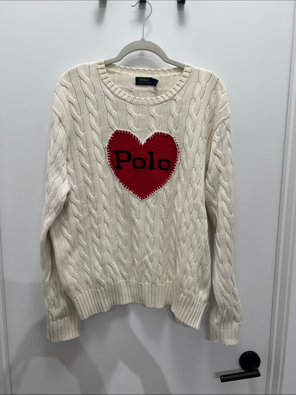 Polo by Ralph Lauren Cream Cable-Knit Sweater with Red Heart Logo